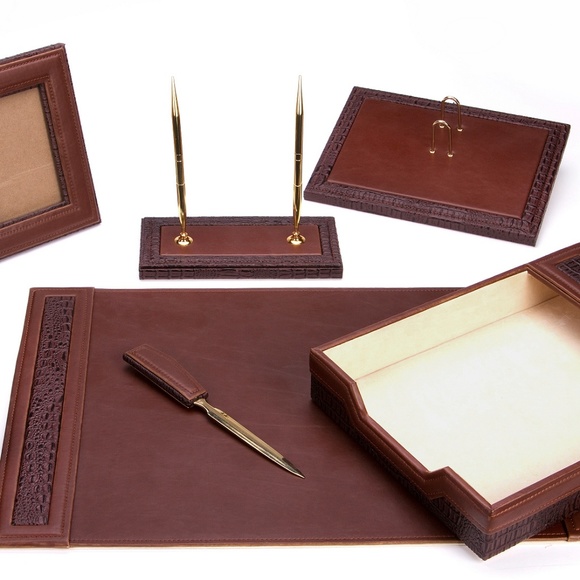 Dark Brown Bonded Leather 8-Piece Desk Set 8 Pcs Brown Ecofriendly Stylish Desk Set